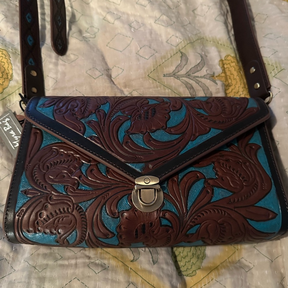 Elegant Brown and Teal Leather Bag, brand new, never used.